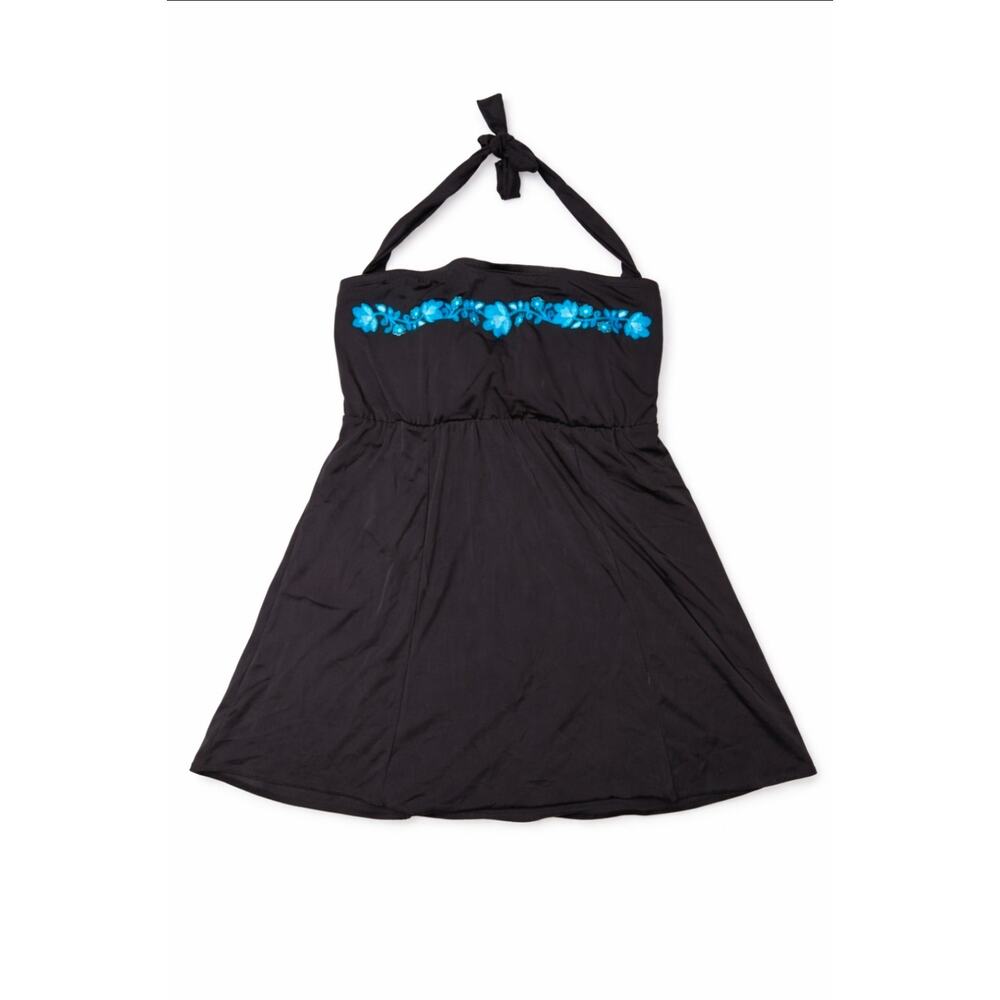 Black Halter Swim Dress Womens 20W NWT Blue Embroidered Padded Skirted Swimsuit